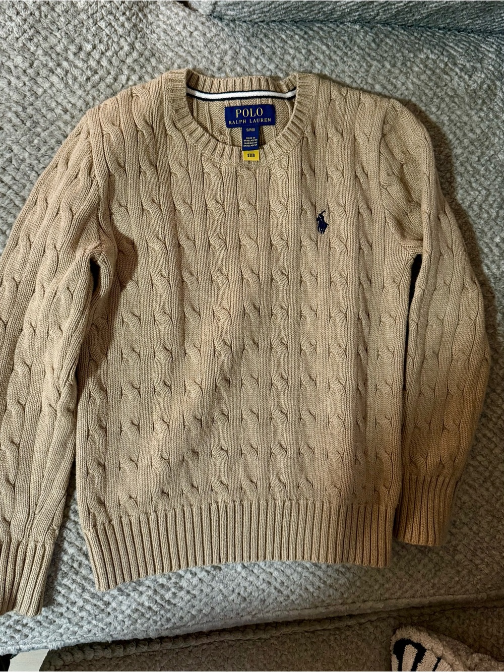 Polo by Ralph Lauren Youth Cable Crewneck Sweater - Tan with Navy Pony LIKE NEW!
